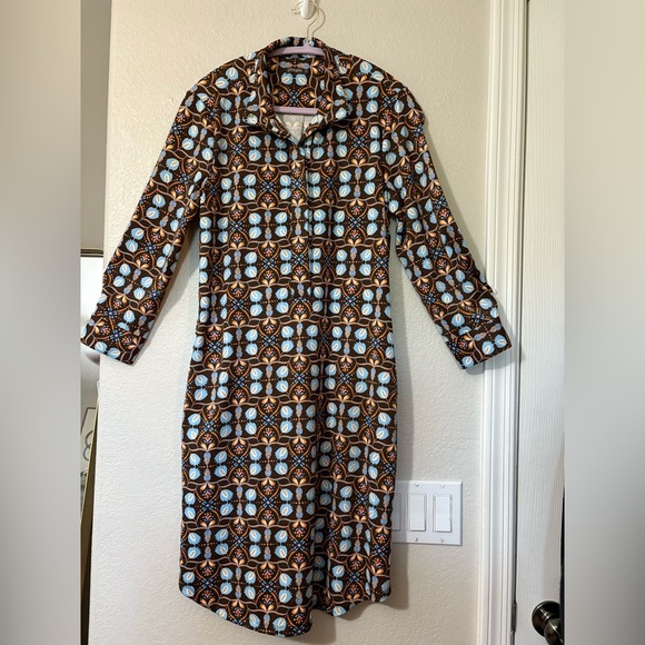 J. McLaughlin Berlin Dress in Atlas Tile. Very Cute Brown, Pastel Blue, Orange. - Picture 1 of 13